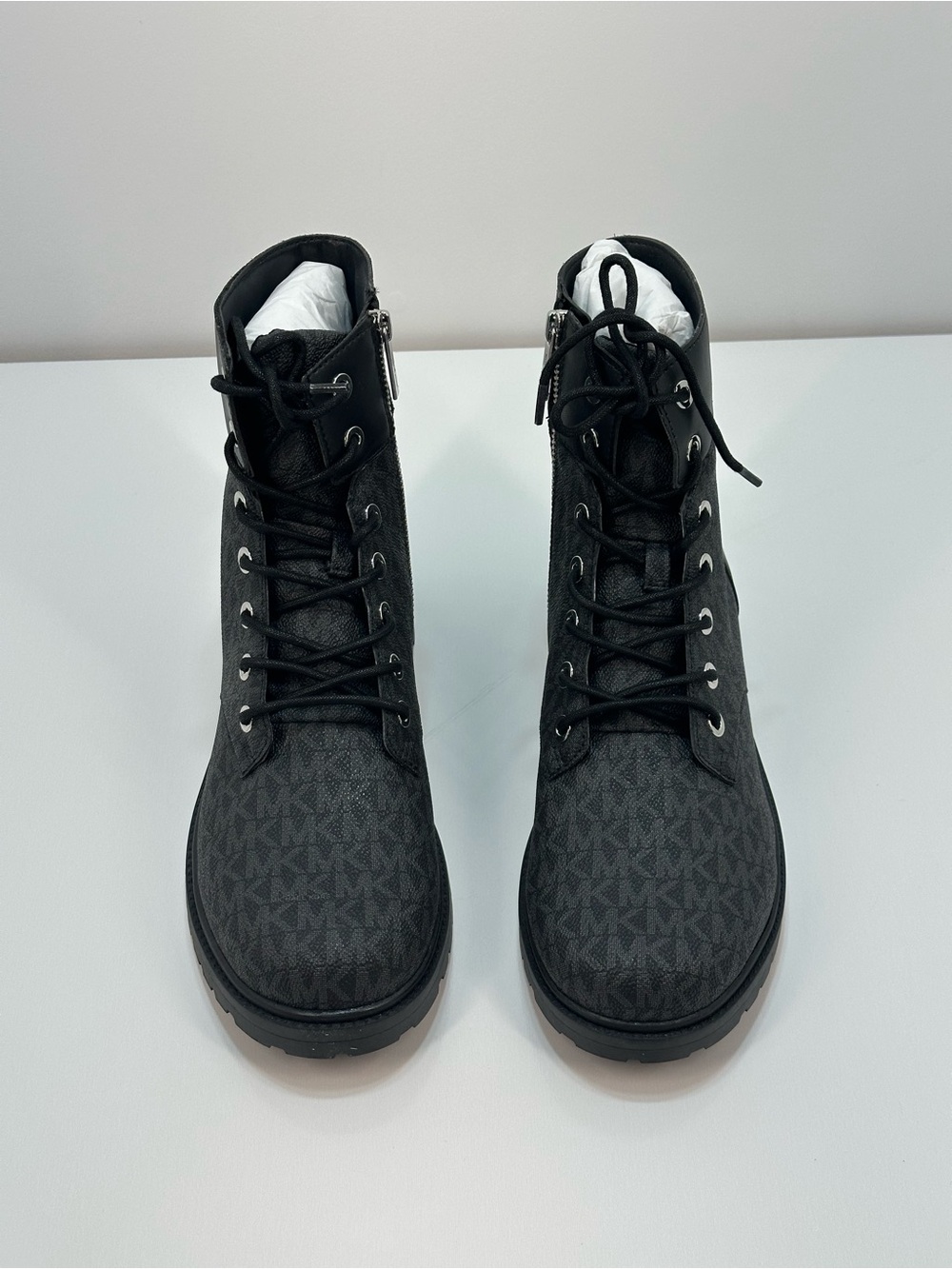 Michael Kors Combat Ankle Boots Leather Black/Gray MK Logo Zip 10